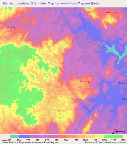 Malien,Cameroon Elevation Map