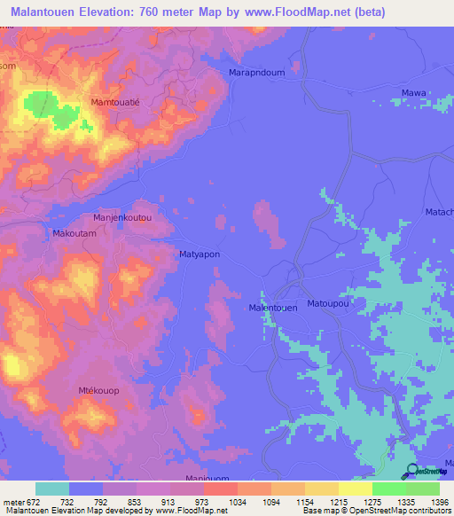 Malantouen,Cameroon Elevation Map