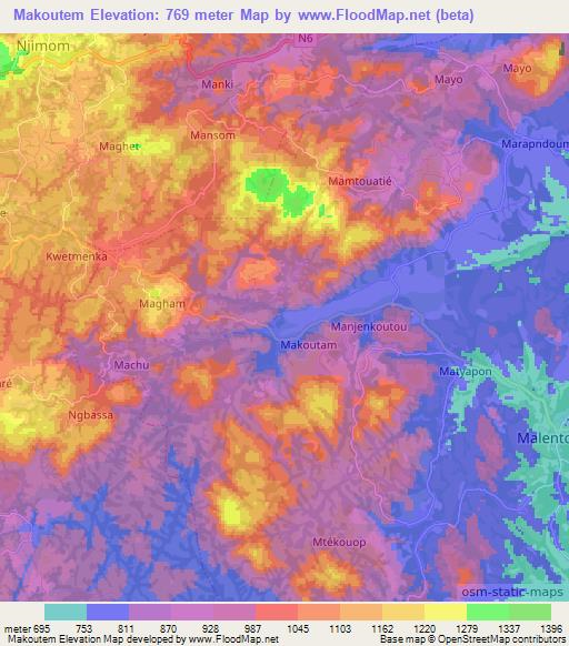 Makoutem,Cameroon Elevation Map