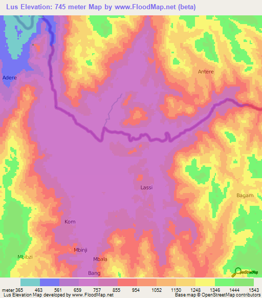 Lus,Cameroon Elevation Map