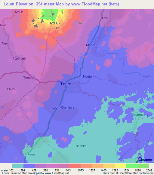 Loum,Cameroon Elevation Map