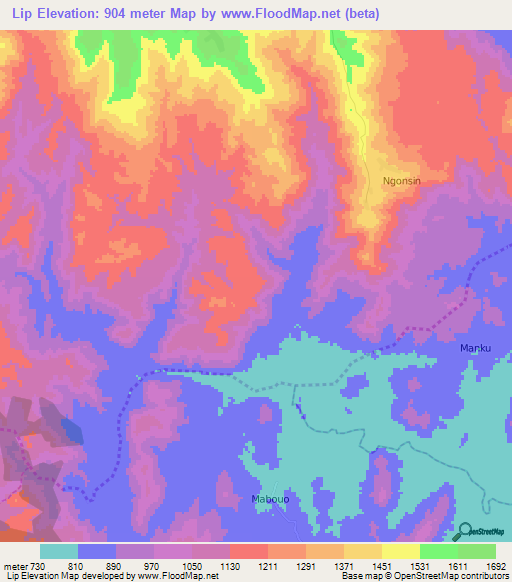 Lip,Cameroon Elevation Map