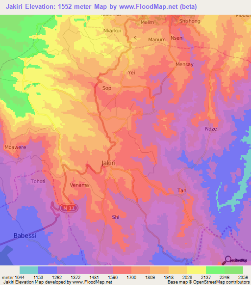 Jakiri,Cameroon Elevation Map