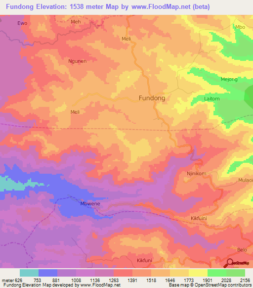 Fundong,Cameroon Elevation Map