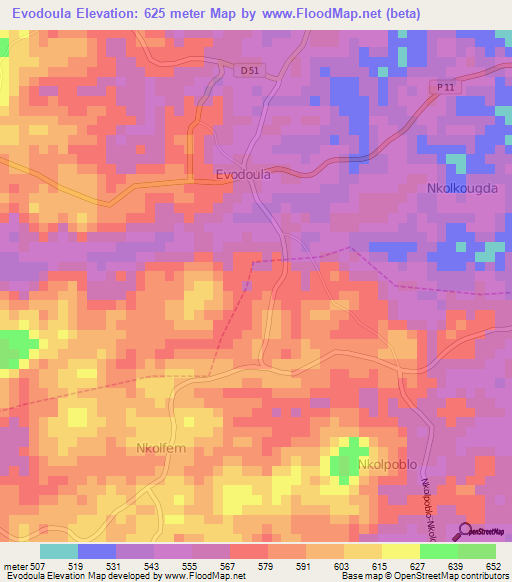 Evodoula,Cameroon Elevation Map