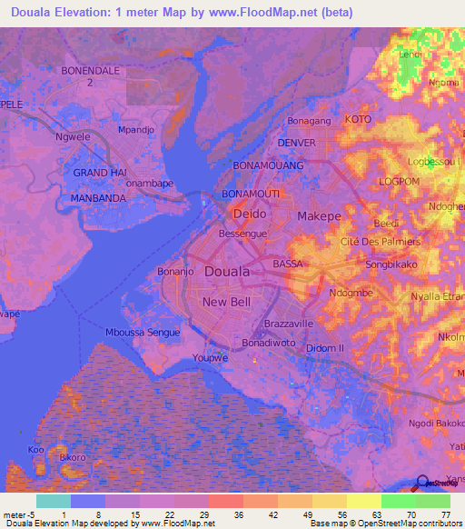 Douala,Cameroon Elevation Map