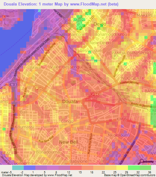 Douala,Cameroon Elevation Map