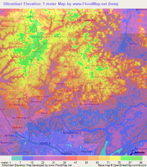 Dibombari,Cameroon Elevation Map