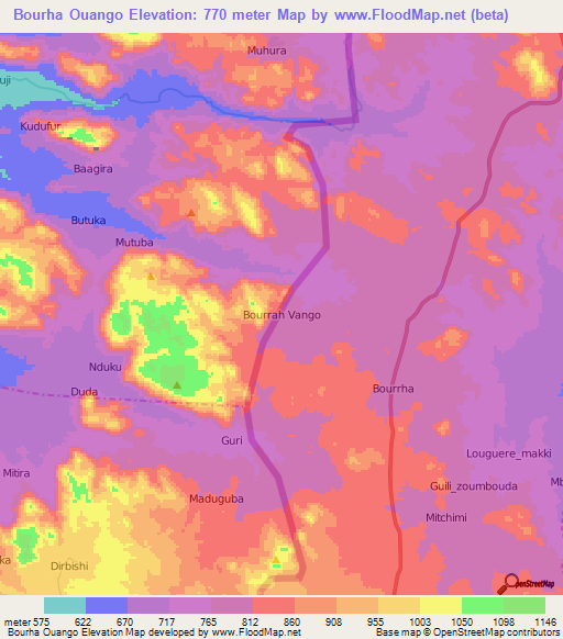 Bourha Ouango,Nigeria Elevation Map