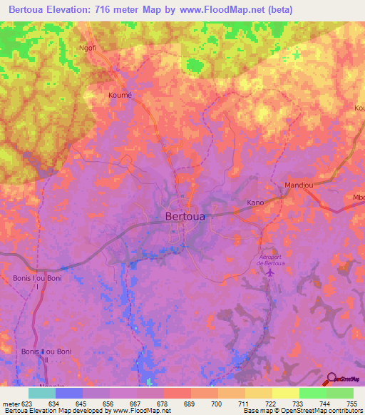 Bertoua,Cameroon Elevation Map