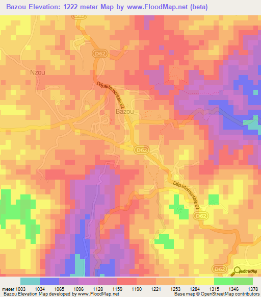 Bazou,Cameroon Elevation Map