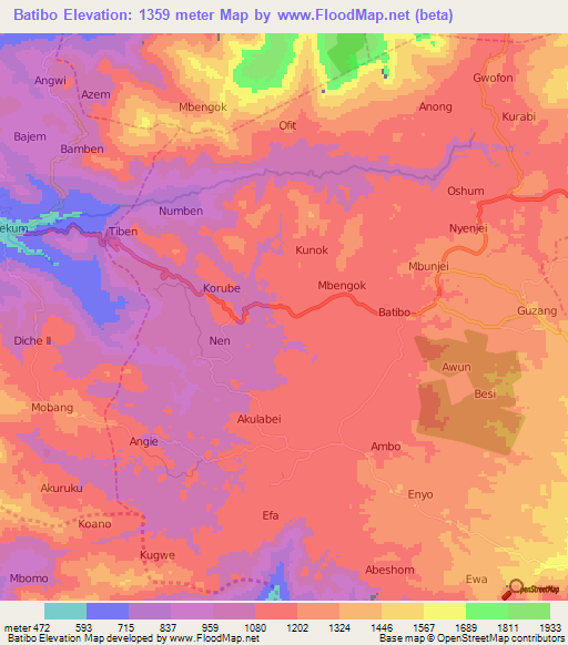 Batibo,Cameroon Elevation Map