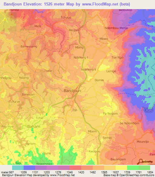 Bandjoun,Cameroon Elevation Map