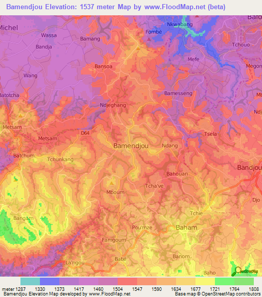 Bamendjou,Cameroon Elevation Map