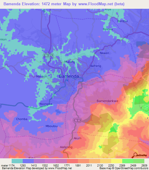 Bamenda,Cameroon Elevation Map