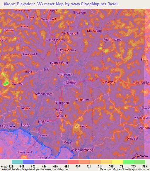 Akono,Cameroon Elevation Map