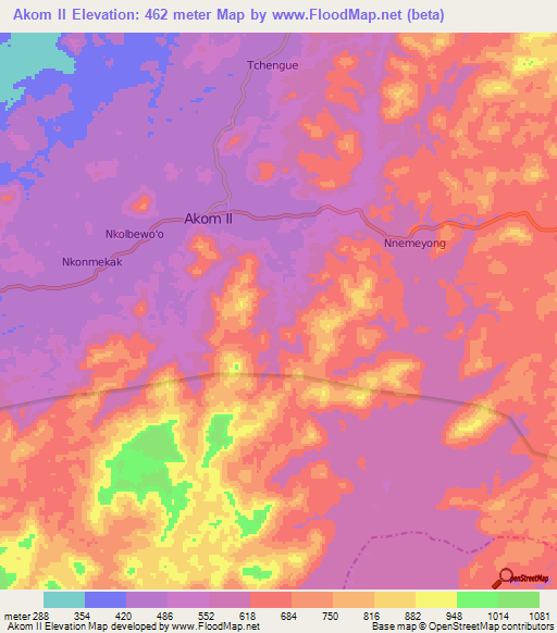 Akom II,Cameroon Elevation Map