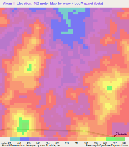 Akom II,Cameroon Elevation Map