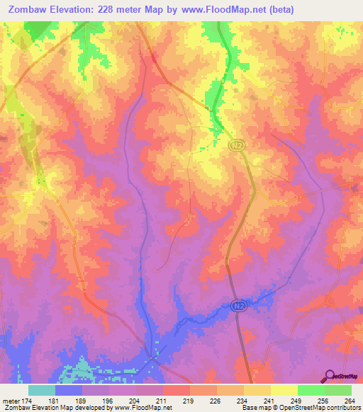 Zombaw,Ghana Elevation Map