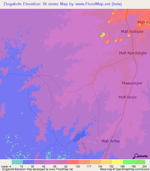 Zingakofe,Ghana Elevation Map