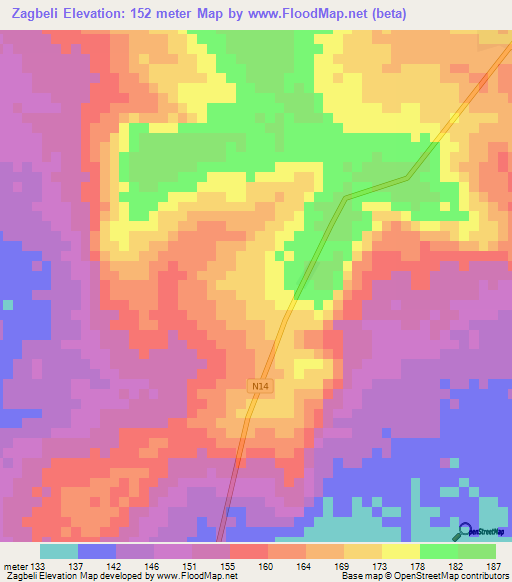 Zagbeli,Ghana Elevation Map