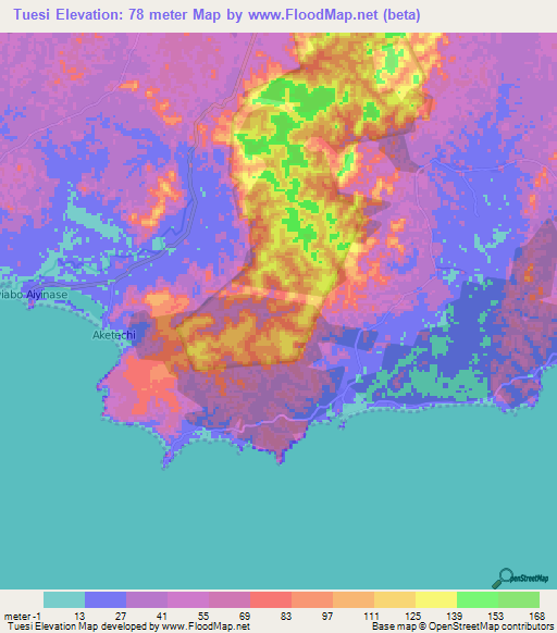 Tuesi,Ghana Elevation Map