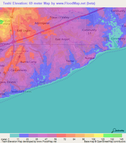 Teshi,Ghana Elevation Map