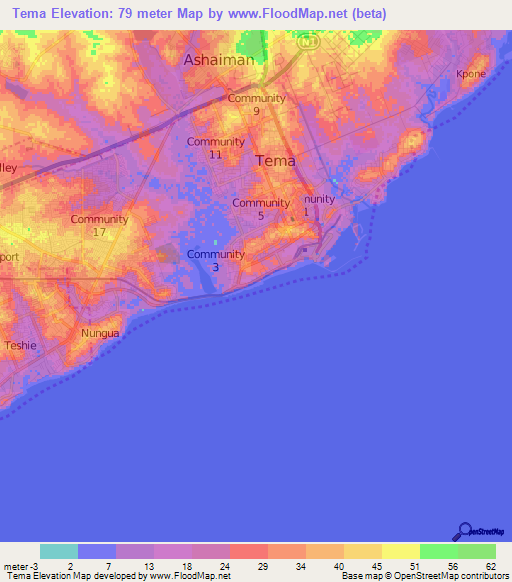 Tema,Ghana Elevation Map