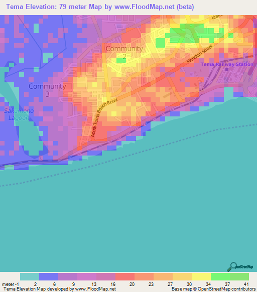 Tema,Ghana Elevation Map