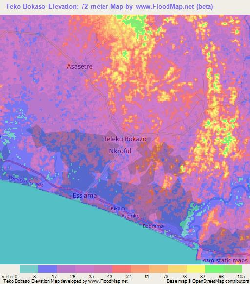 Teko Bokaso,Ghana Elevation Map