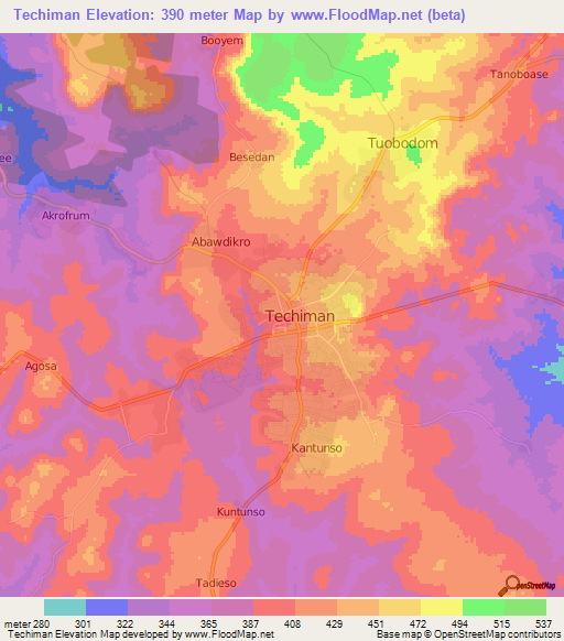 Techiman,Ghana Elevation Map