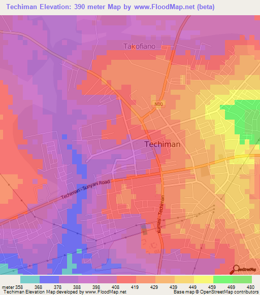 Techiman,Ghana Elevation Map