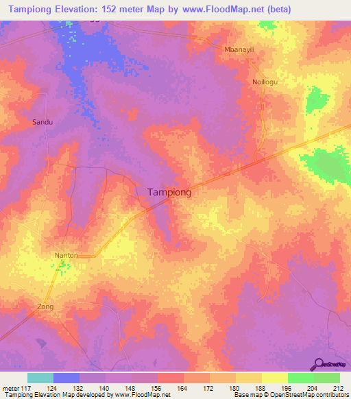 Tampiong,Ghana Elevation Map