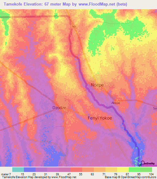 Tamekofe,Ghana Elevation Map