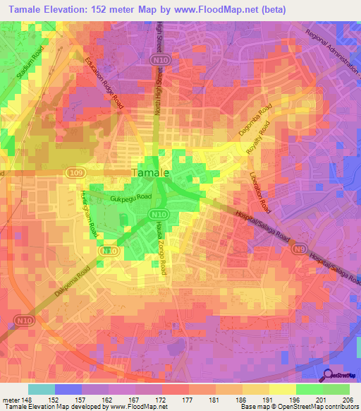 Tamale,Ghana Elevation Map