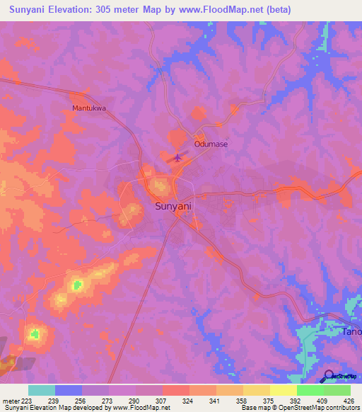 Sunyani,Ghana Elevation Map