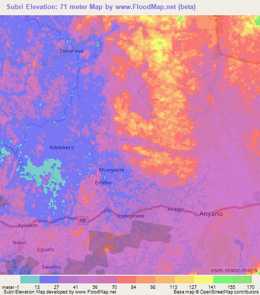 Subri,Ghana Elevation Map