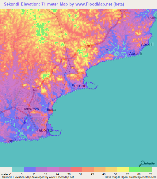 Sekondi,Ghana Elevation Map