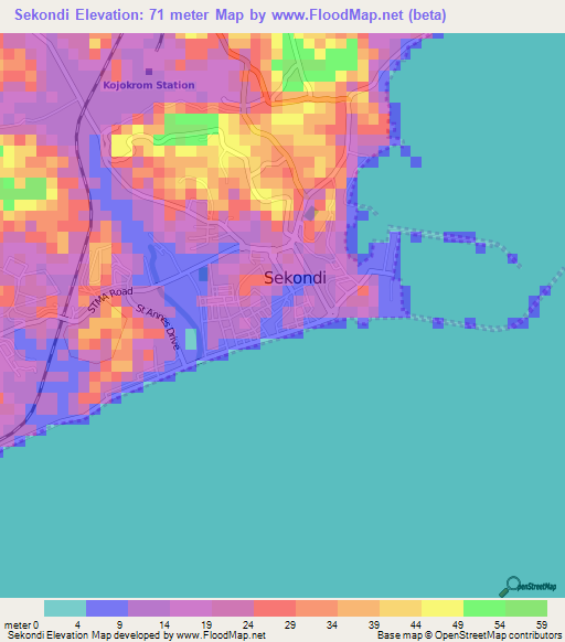 Sekondi,Ghana Elevation Map