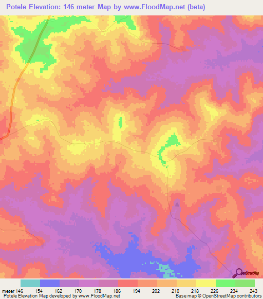 Potele,Ghana Elevation Map