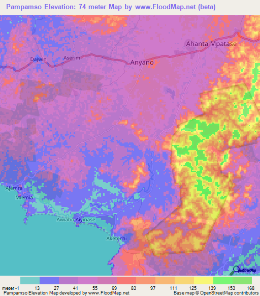 Pampamso,Ghana Elevation Map