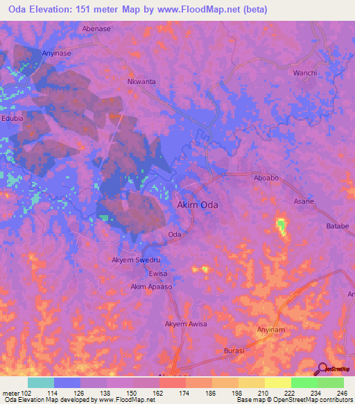 Oda,Ghana Elevation Map