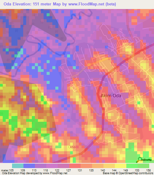 Oda,Ghana Elevation Map