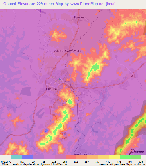 Obuasi,Ghana Elevation Map