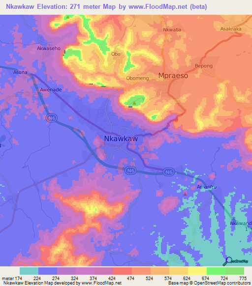 Nkawkaw,Ghana Elevation Map