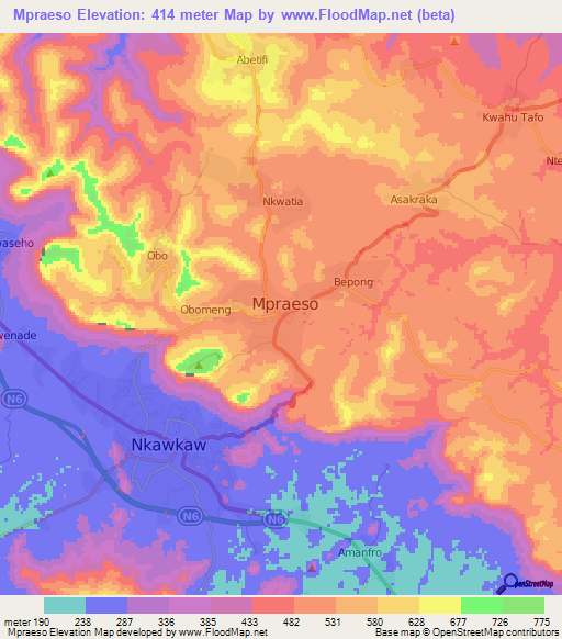 Mpraeso,Ghana Elevation Map