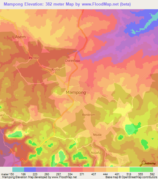 Mampong,Ghana Elevation Map