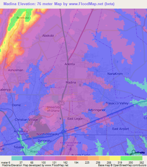Madina,Ghana Elevation Map