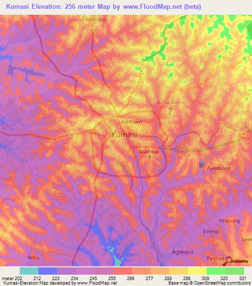 Kumasi,Ghana Elevation Map