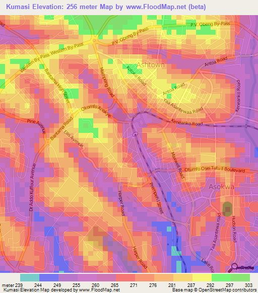 Kumasi,Ghana Elevation Map